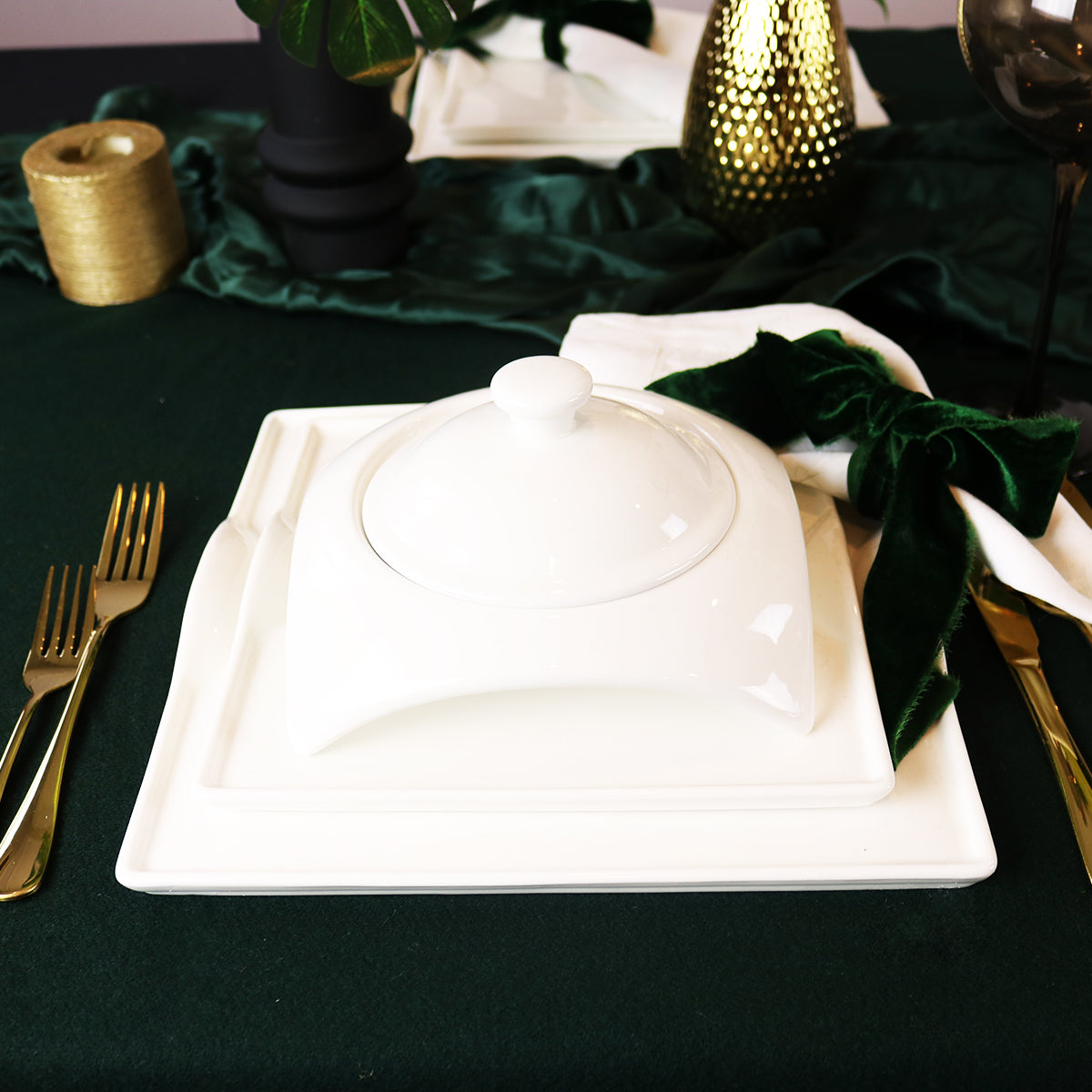 White square porcelain dinnerware set with covered lidded bowl on square plate