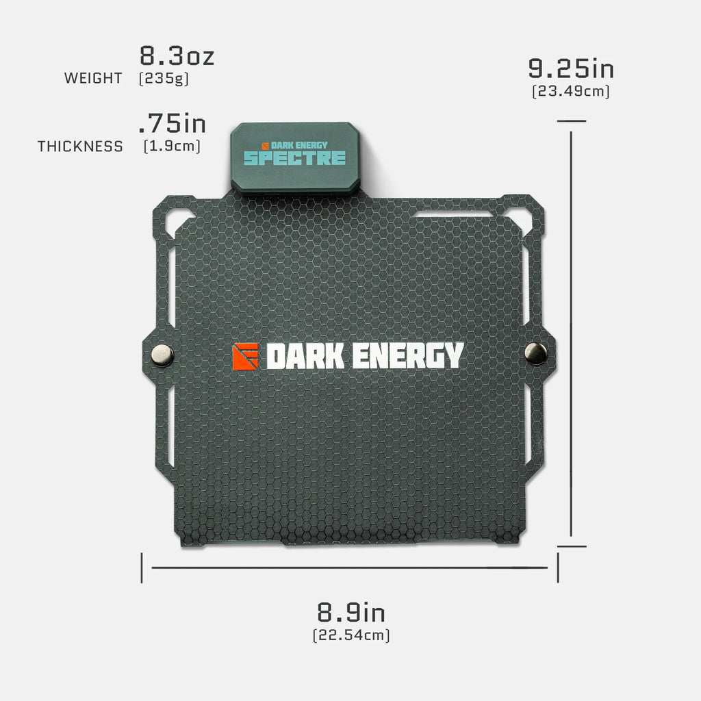 8W solar panel product outline graphic with size measurements, dark green case