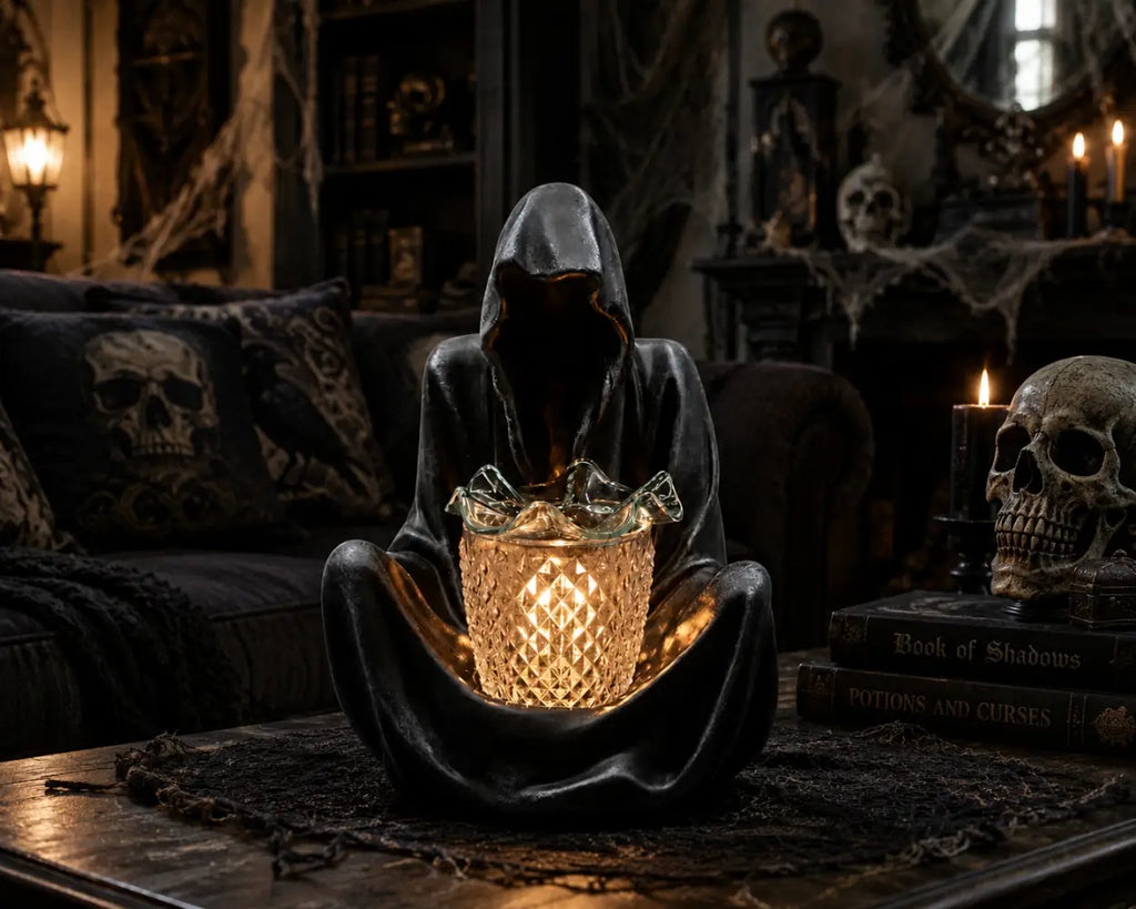 Grim reaper wax and oil warmer on tabletop, dark robe with glowing amber cup