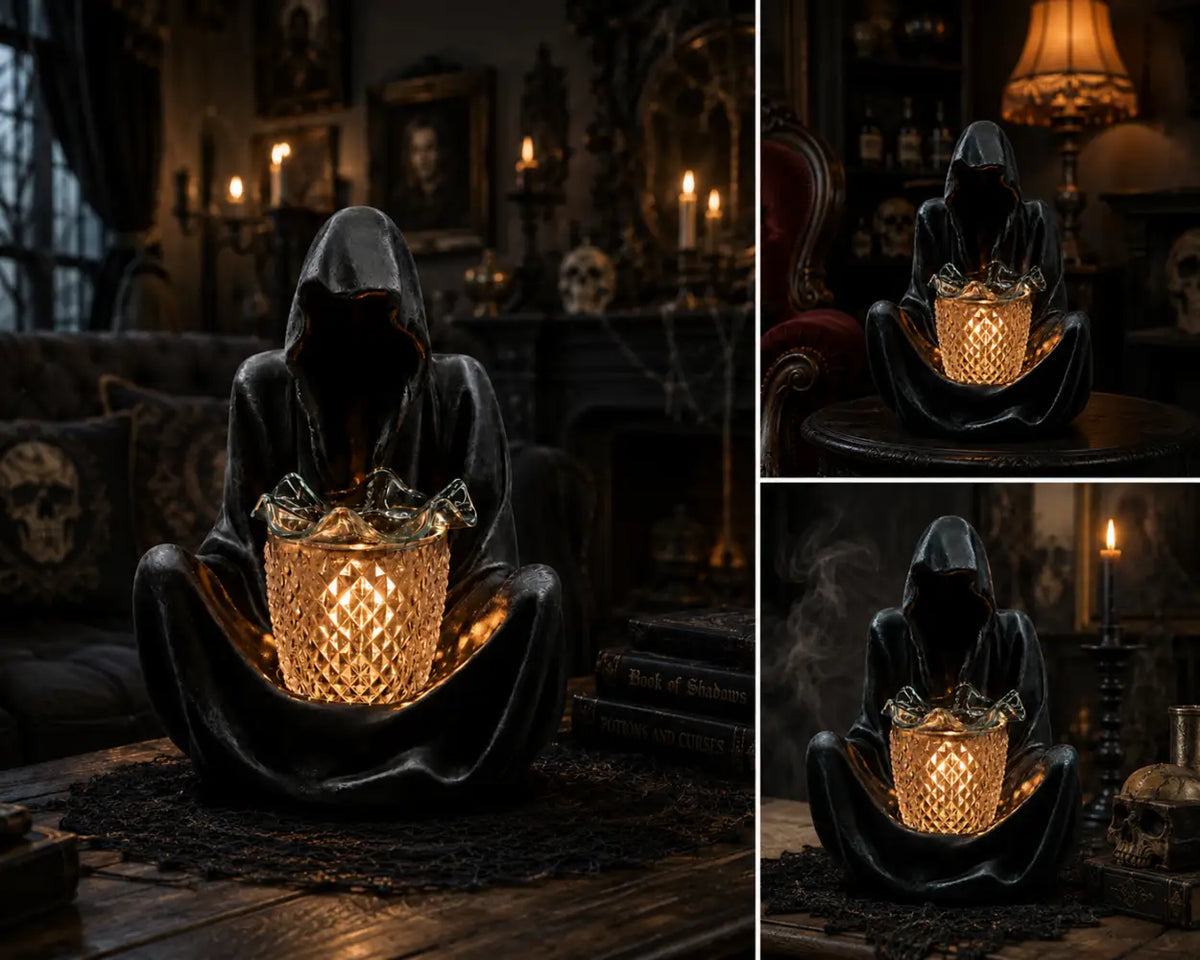 Grim reaper wax warmer collage view, dark figure with glowing amber oil cup