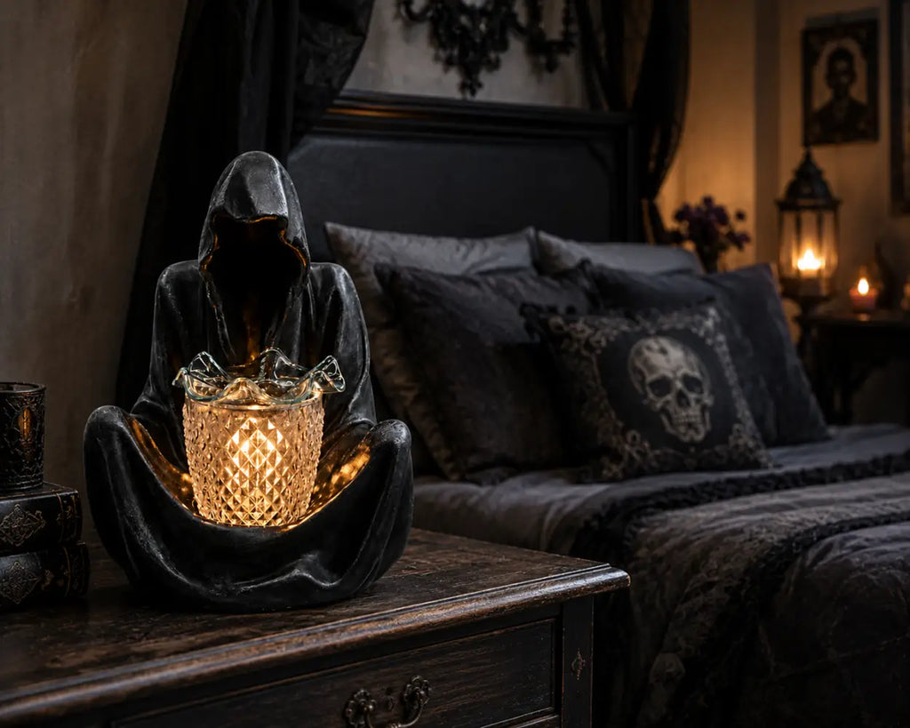 Dark hooded grim reaper wax warmer featuring a glowing amber cup and glass tray