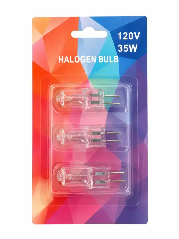 Halogen bulb replacement blister pack labeled 120V 35W, includes three bulbs