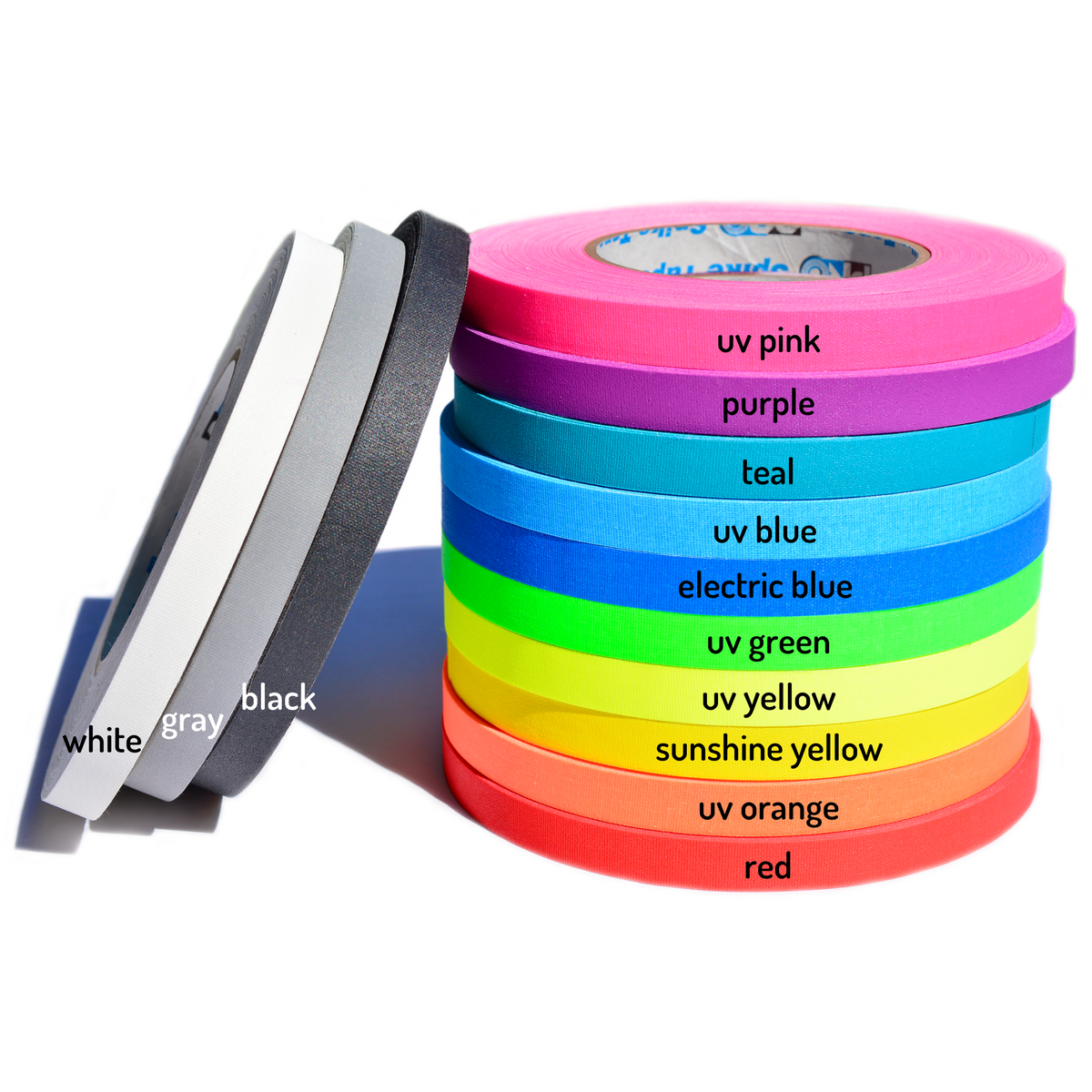 Colored gaffer tape rolls for hoop grip, neon shades including UV pink and red