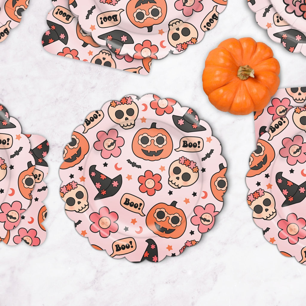 Groovy Halloween icon plates, round paper plates with skull, pumpkin, bat and flower patterns