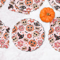 Groovy Halloween icon plates, round paper plates with skull, pumpkin, bat and flower patterns