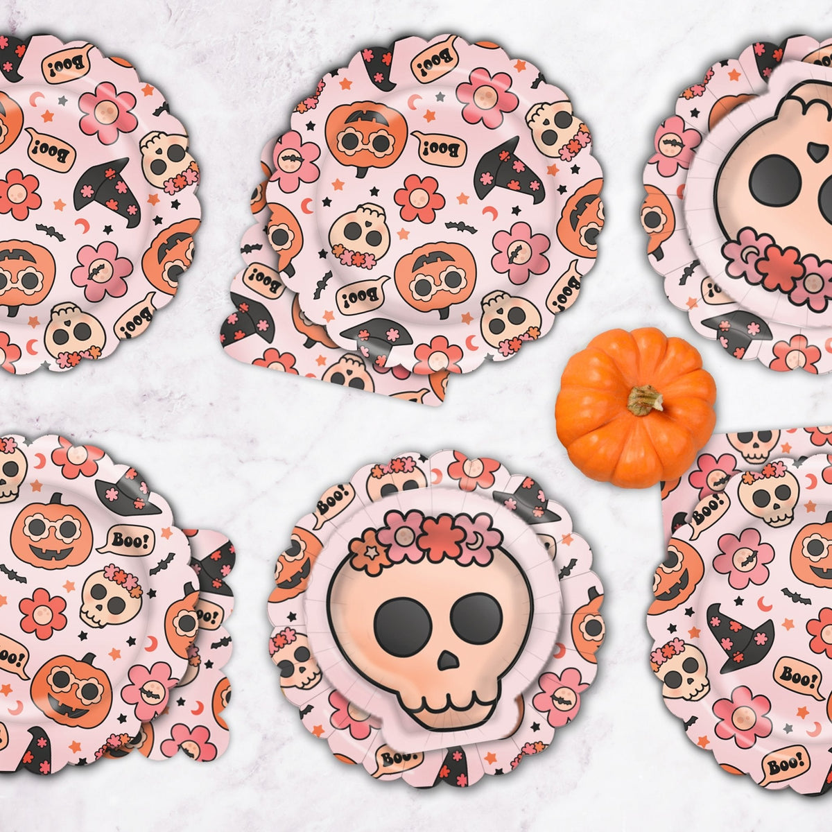 Groovy Halloween icon plates set of round designs featuring skull faces, pumpkins and bats
