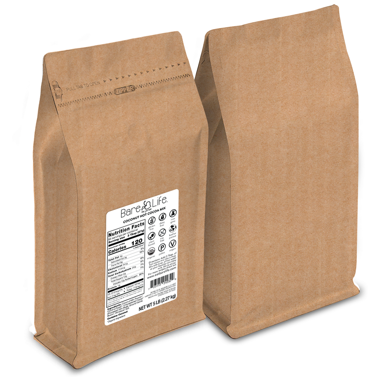 Dairy-free coconut hot cocoa mix bulk bag, two upright brown kraft paper bags