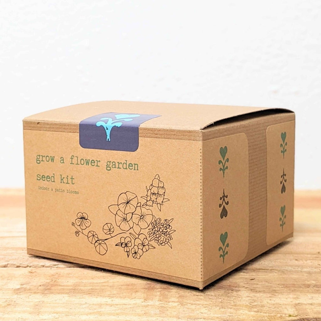 Kraft cardboard seed kit box with blue logo panel on top