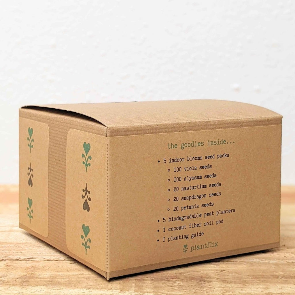 Kraft seed kit box side with green leaf icons and contents text