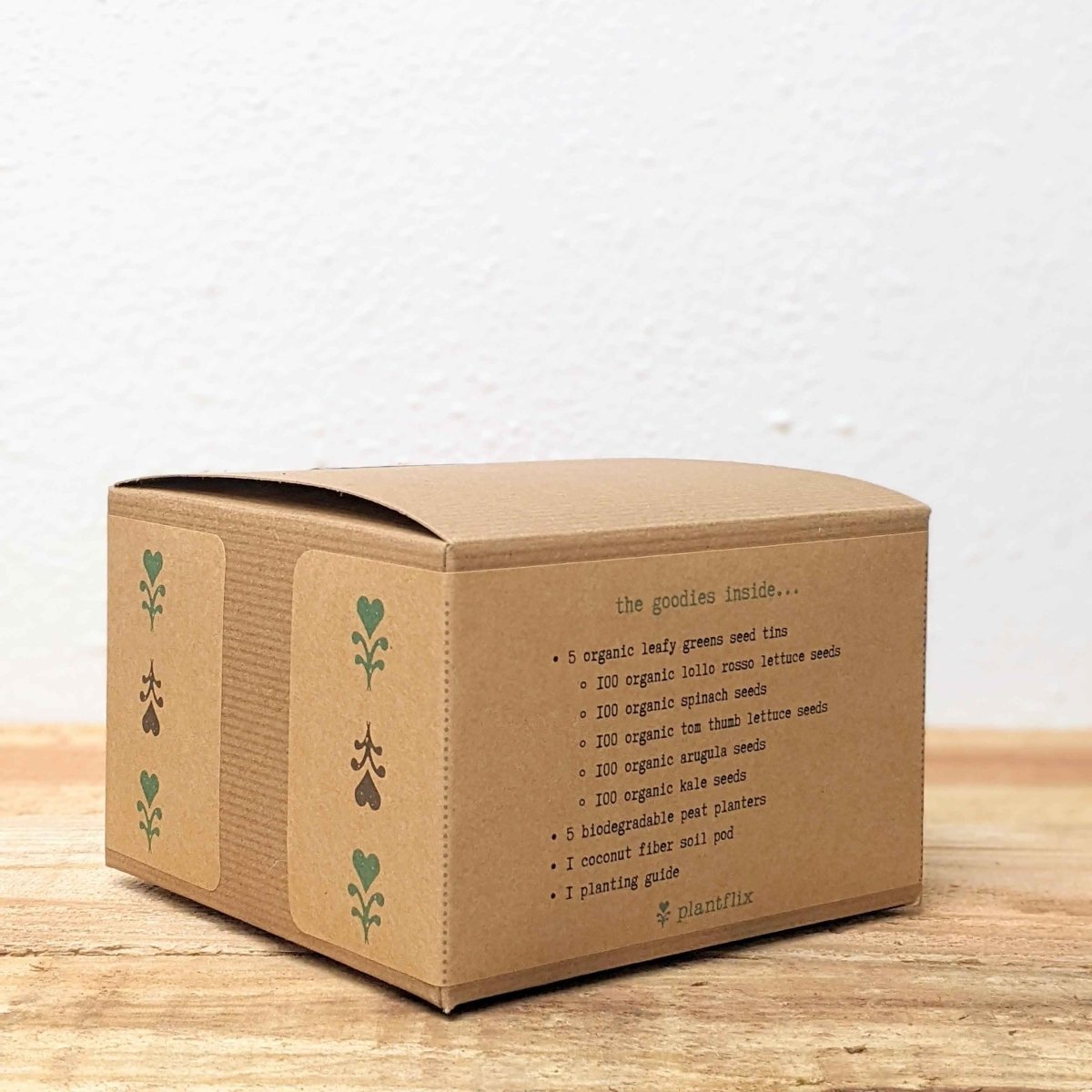 Leafy greens seed kit box with side panels of green plant icons