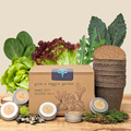 Leafy greens seed kit box with seed tins and stacked planting pods
