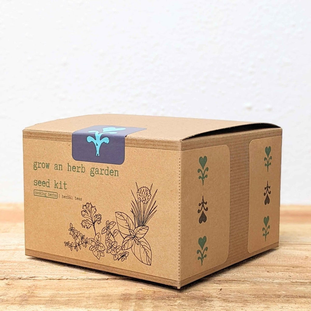 Herb seed kit box with blue top label and side leaf icon panels