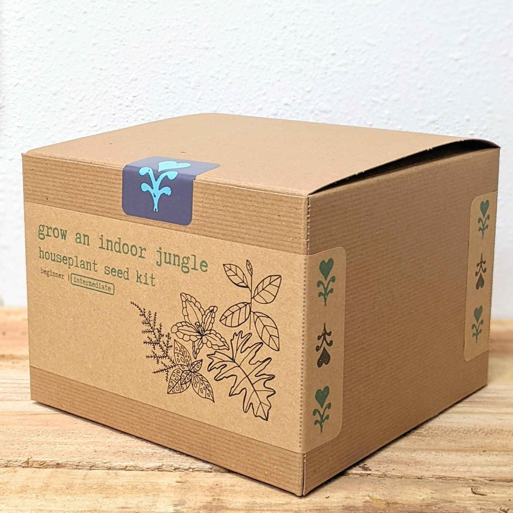 Houseplant seed kit box in side view with grow-an-indoor-jungle branding