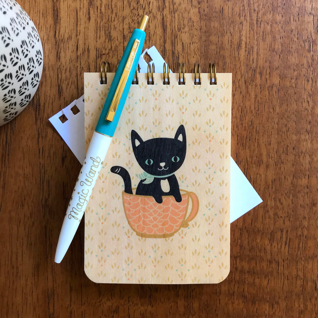 Wood mini notepad with black cat in orange cup, spiral wire binding