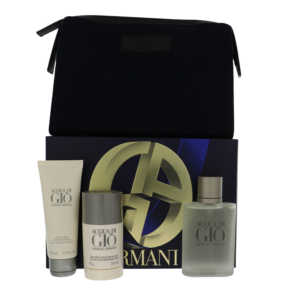 Acqua di Gio fragrance gift set with black zip pouch and three bottle sprays