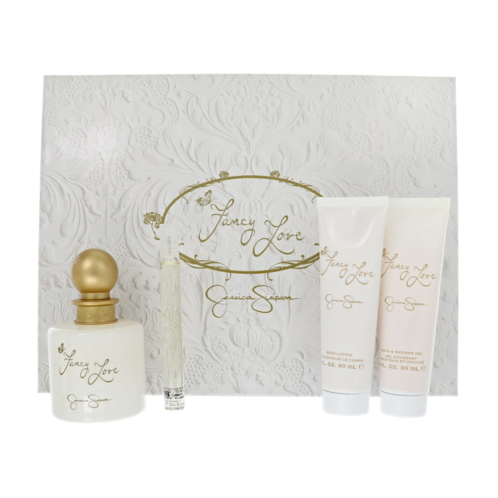 Fancy Love by Jessica Simpson set: perfume bottle, spray, and two cream tubes