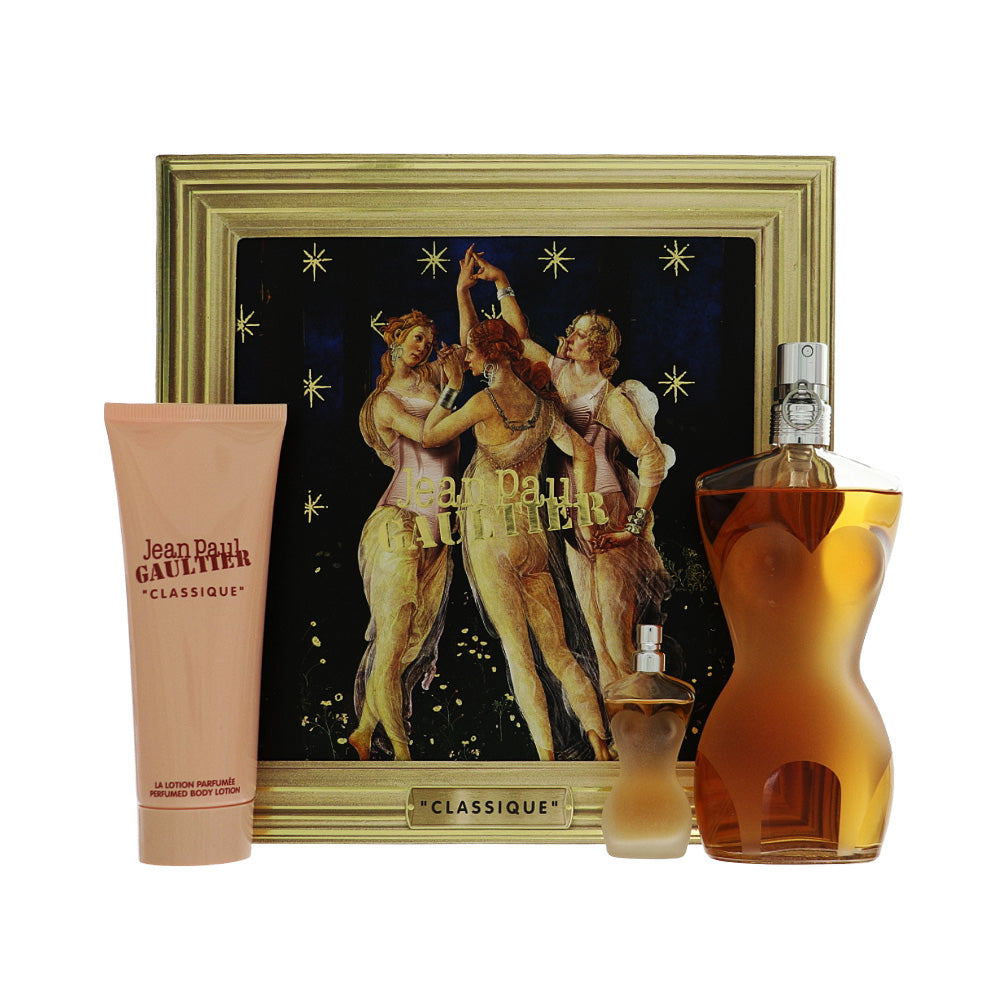 Jean Paul Gaultier Classique gift set with spray bottle, mini bottle, and lotion tube