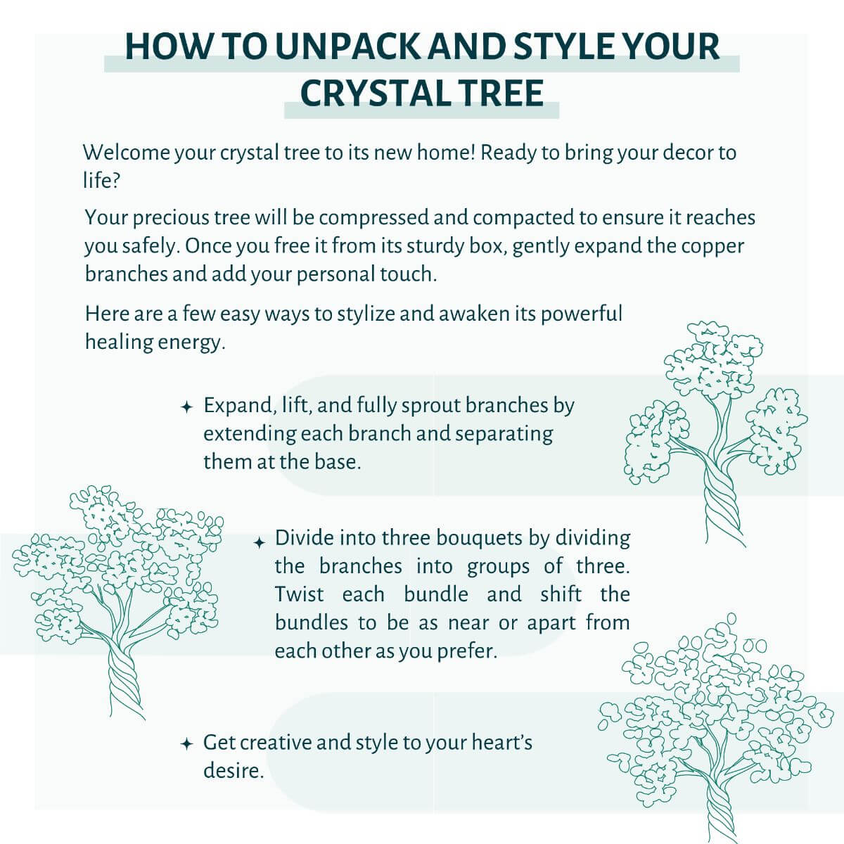 Crystal tree lamp unboxing style diagram page with tree illustration and instructions