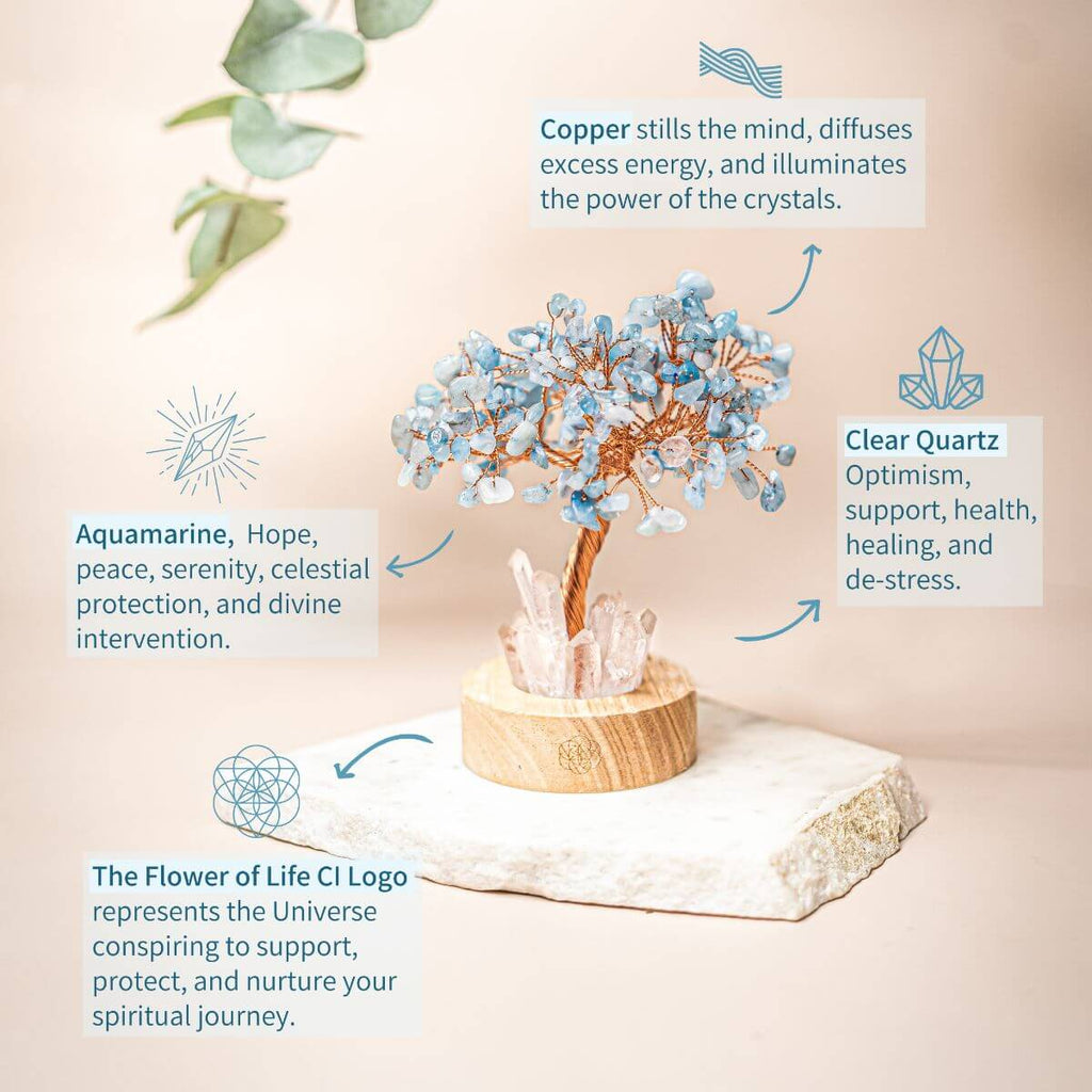 Blue aquamarine crystal tree with copper-toned trunk and clear quartz crystals