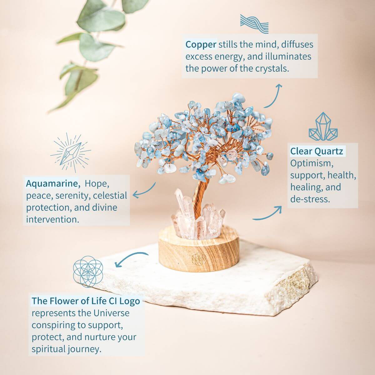 Blue aquamarine crystal tree with copper-toned trunk and clear quartz crystals