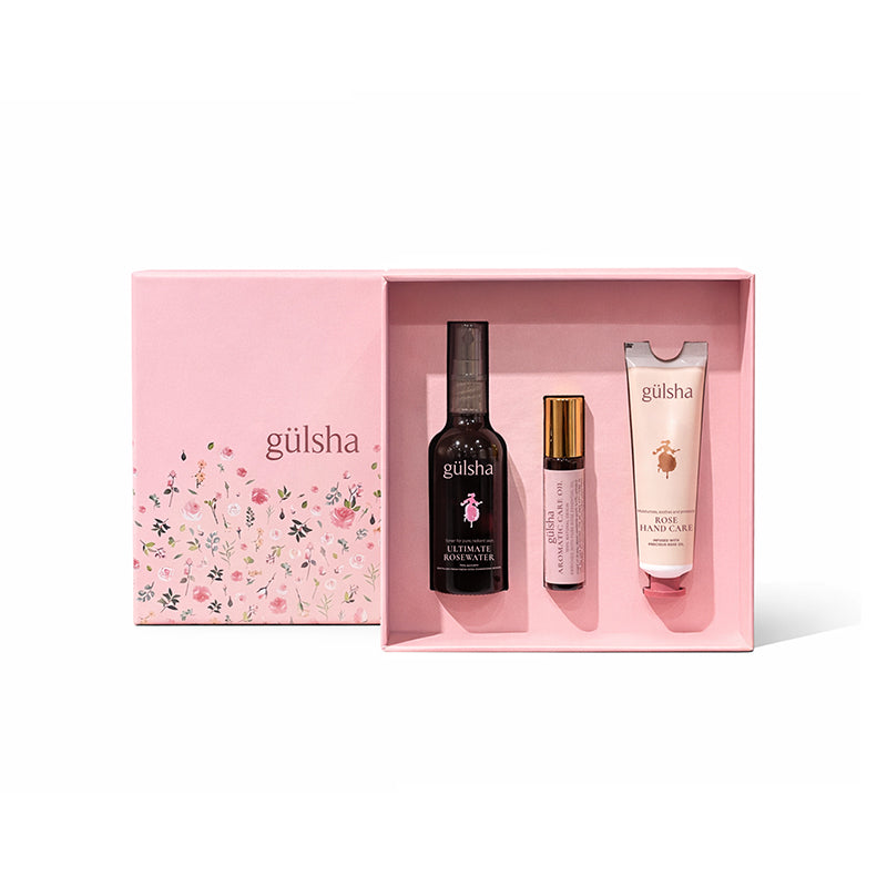 Gulsha Rose Ritual Set skincare trio in pink gift box, three items