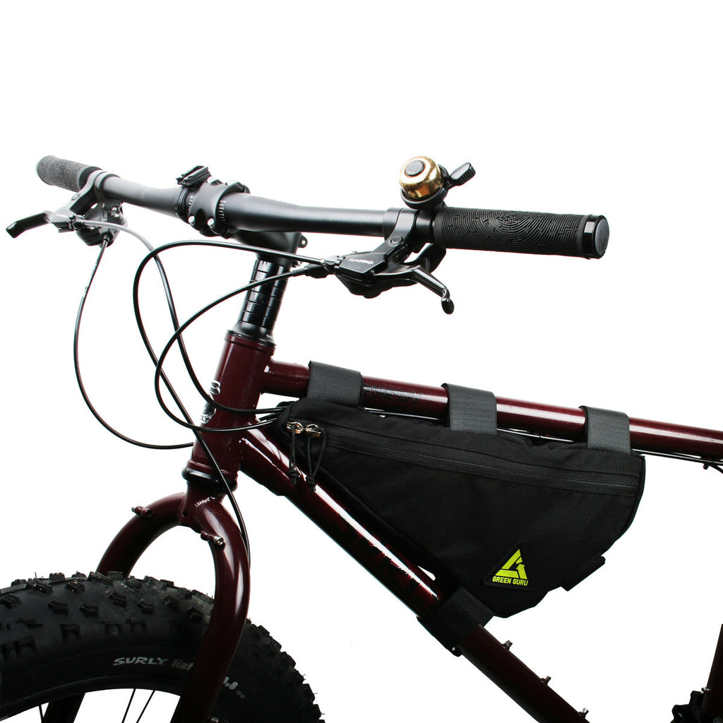 Black bike frame bag with Green Guru logo patch and top zipper closure