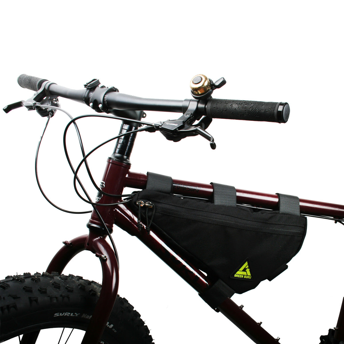 Black bike frame bag with Green Guru logo patch and top zipper closure