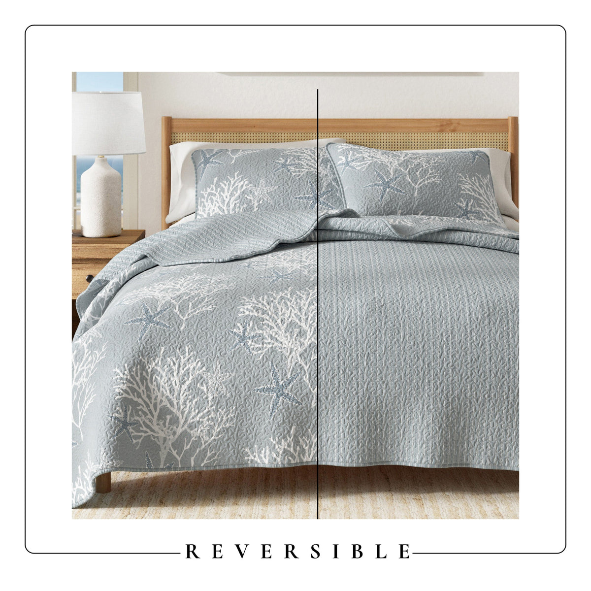Reversible blue quilt set with starfish and coral pattern on both sides.