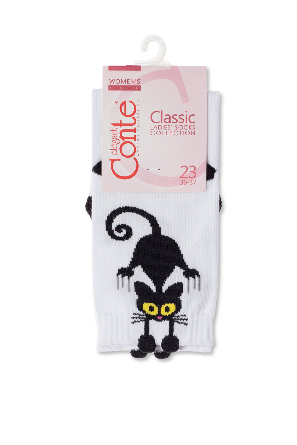 Packaged pair of white cotton crew socks with black cat print and yellow eyes