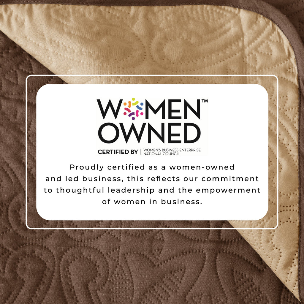 Women Owned certification badge on brown recliner protector