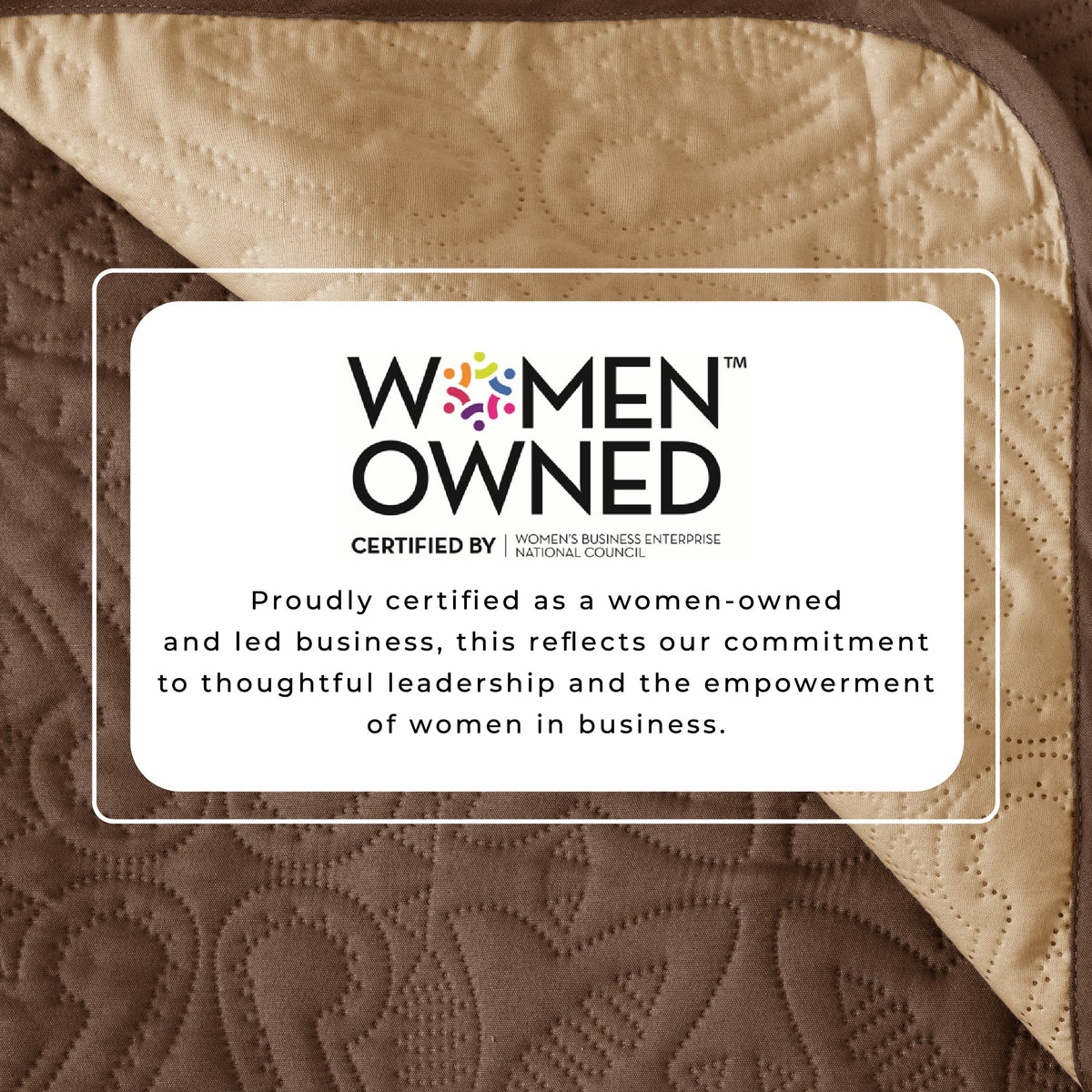 Women Owned certification badge on brown recliner protector