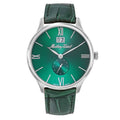 Mathey Tissot Edmond men's watch with green dial, Roman numerals, date window, and leather strap