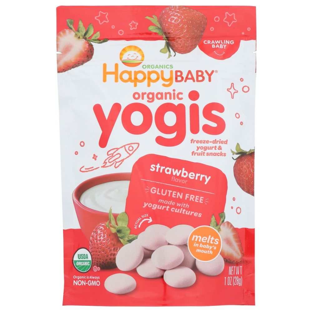 Strawberry yogurt snack pouch with crawling baby design and meltable yogurt bites