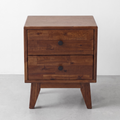 Solid wood nightstand with two front drawers and round knobs, on tapered legs.