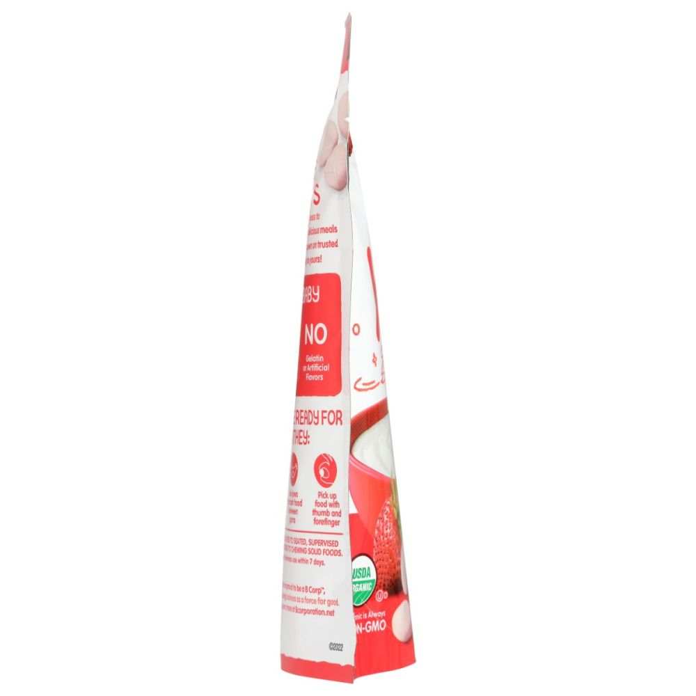 Strawberry yogurt snack pouch side view, red and white packaging