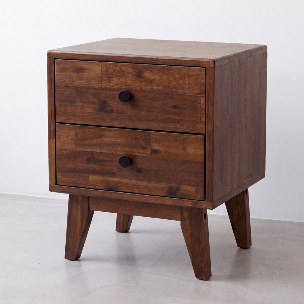 Solid wood nightstand front view with two drawers and round knobs on tapered legs.