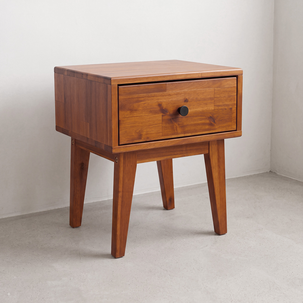 Chocolate solid wood nightstand with one drawer and round black knob