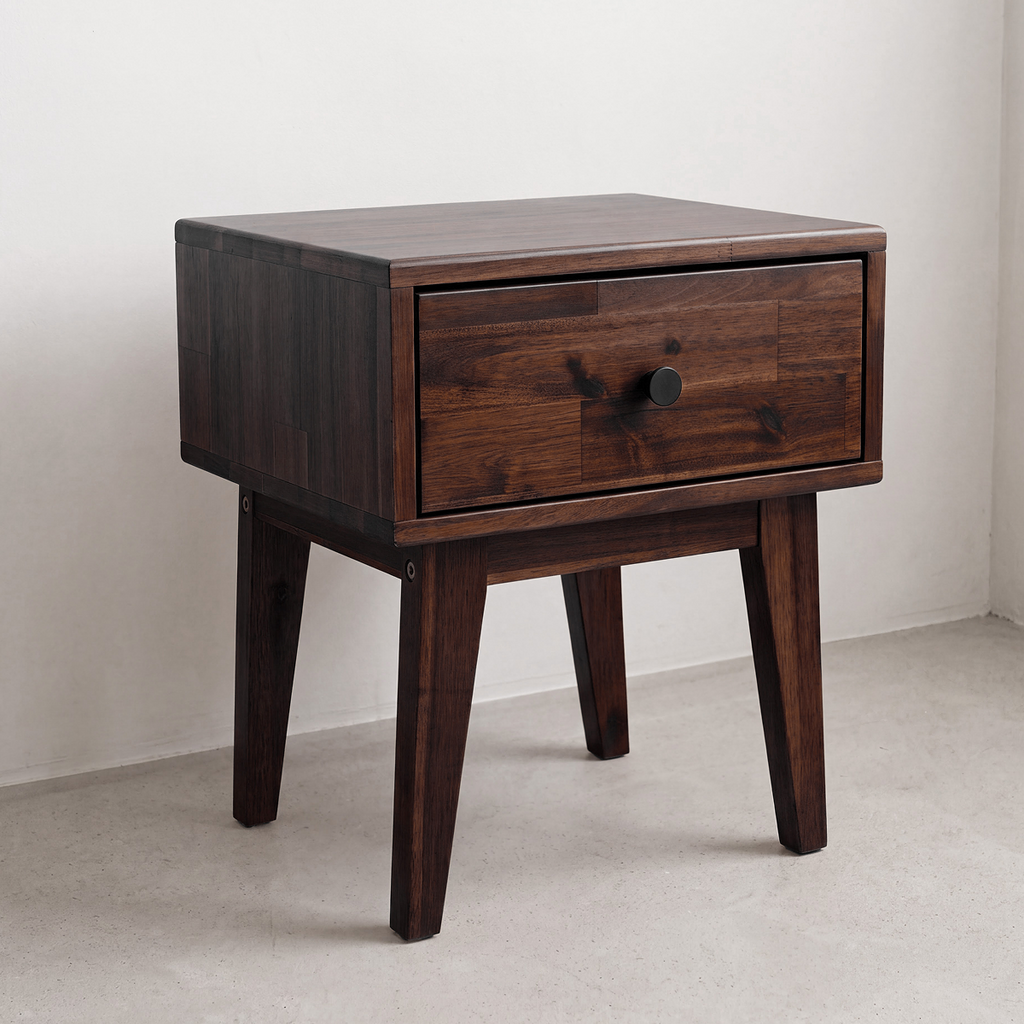 Solid wood nightstand with one drawer and round knob, straight legs
