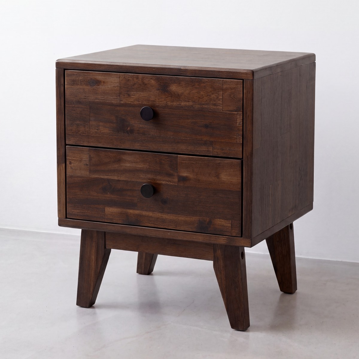 Dark walnut solid wood nightstand with two drawers and round knobs, front view