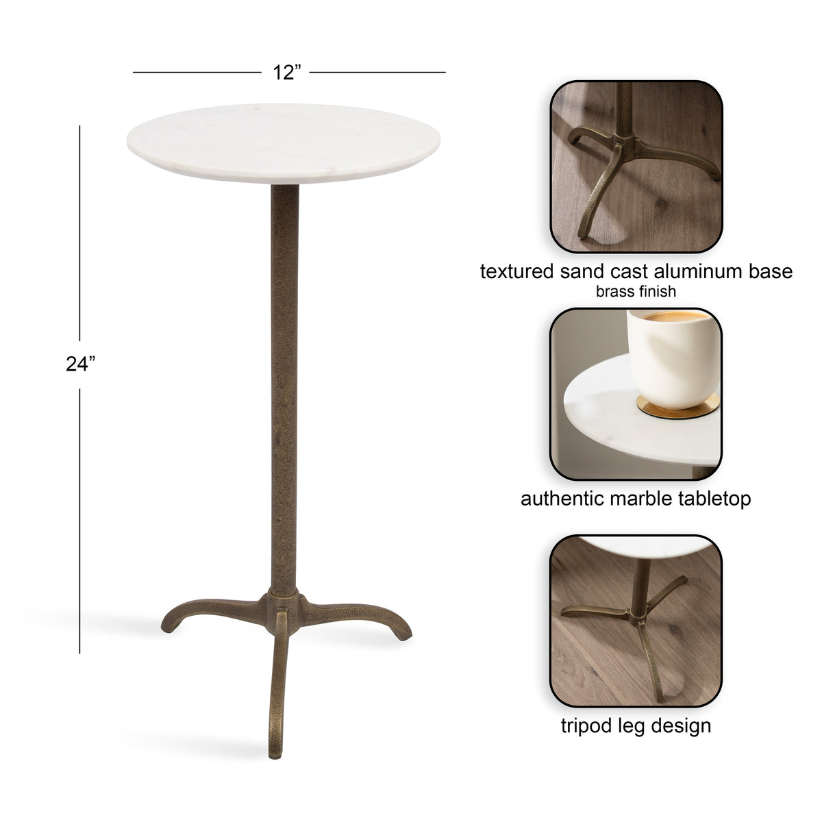 Round marble side table with bronze-finish tripod base and white tabletop