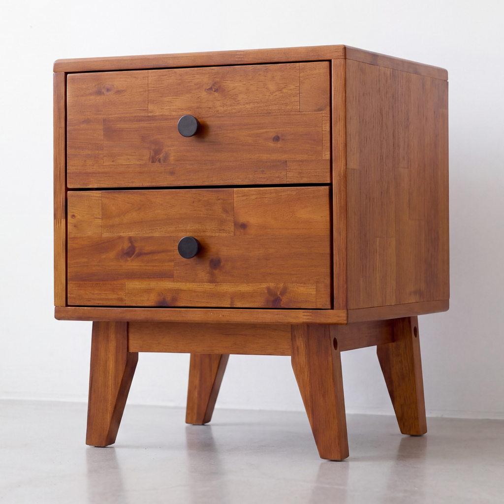 Silvia solid wood nightstand with two drawers and round black knobs, corner view