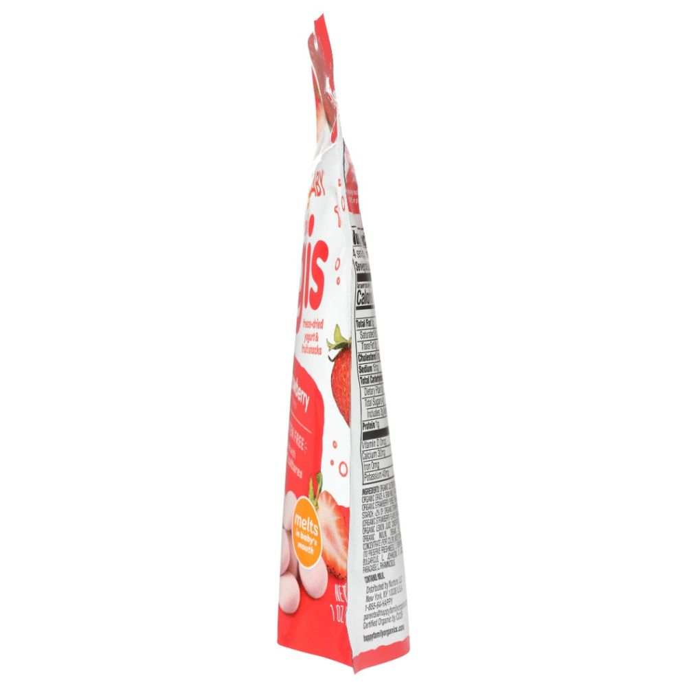 Strawberry yogurt snack pouch back panel with printed nutrition and berry graphics