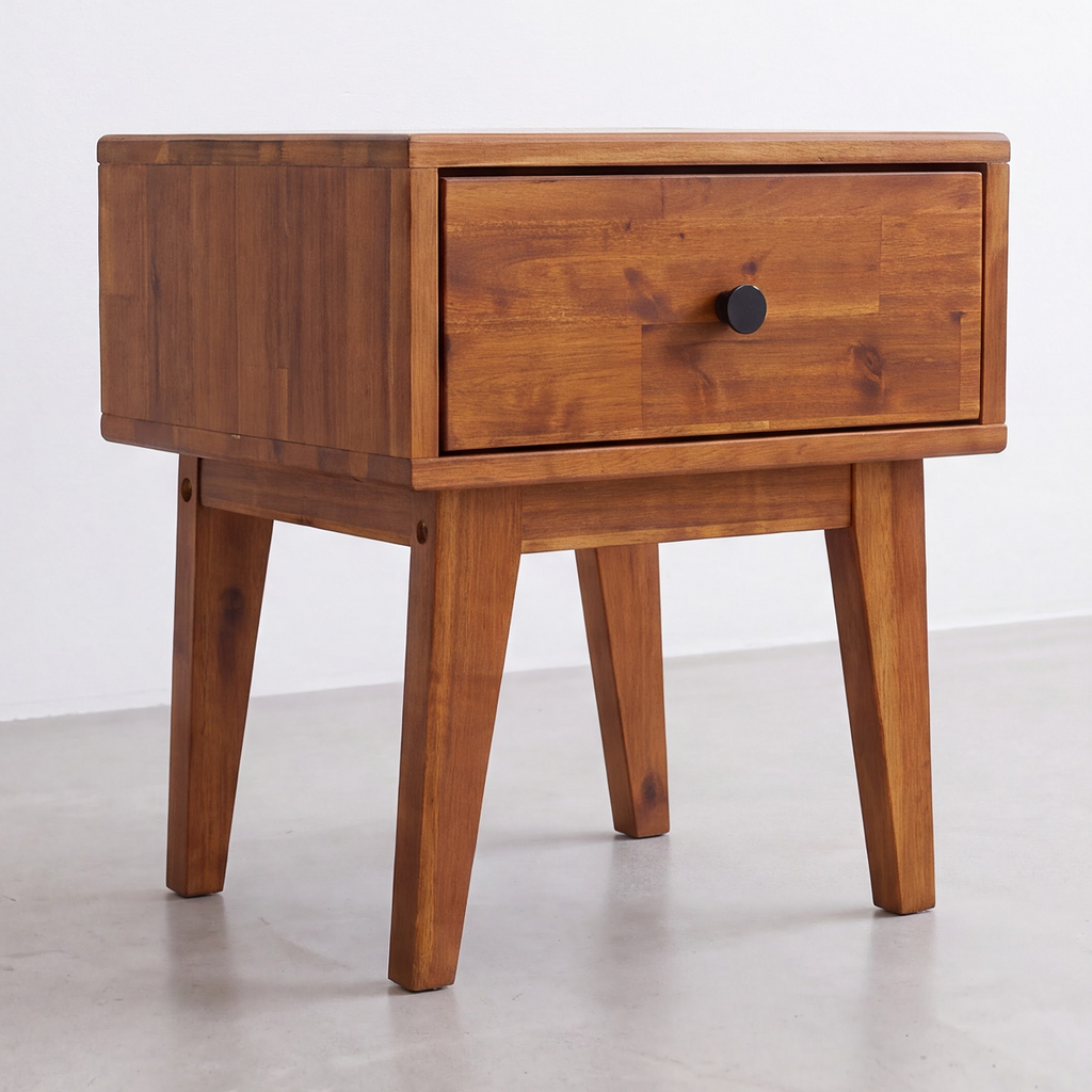 Chocolate solid wood nightstand with one drawer and black round pull