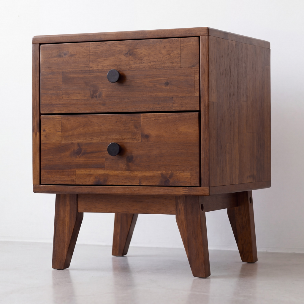 Solid wood nightstand side view with two drawers and round knobs on tapered legs.