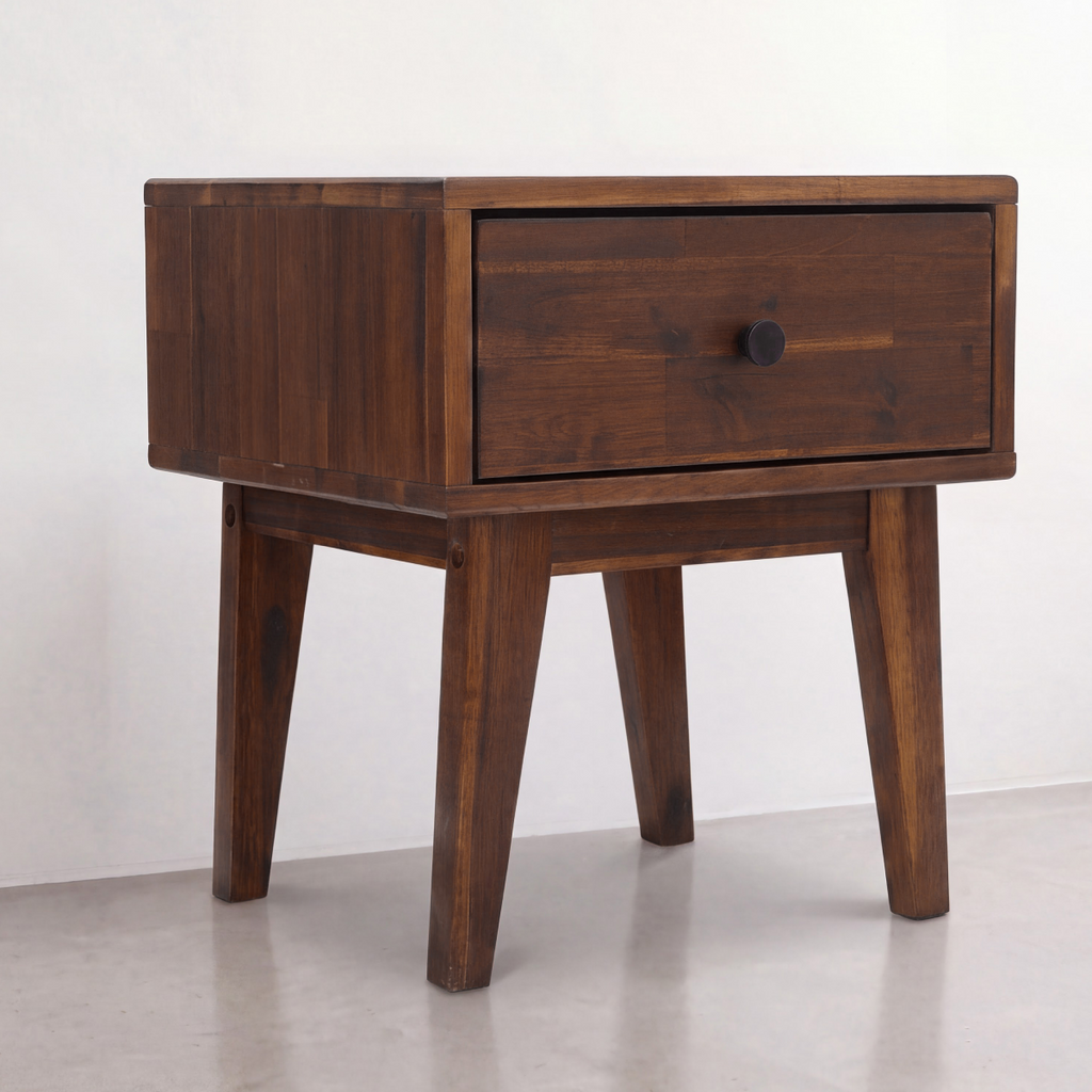 Espresso wood nightstand with one drawer and round black knob, solid legs