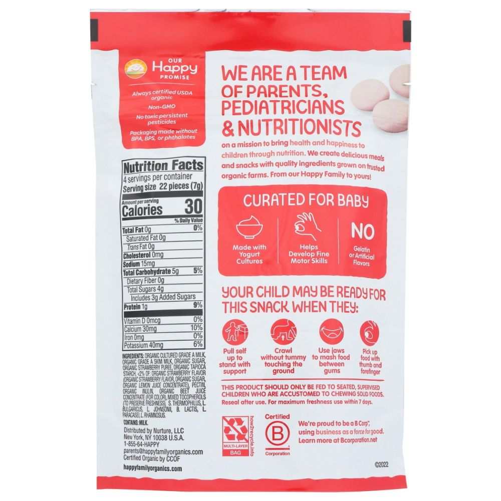 Strawberry yogurt snack pouch back with Nutrition Facts and feeding guidance