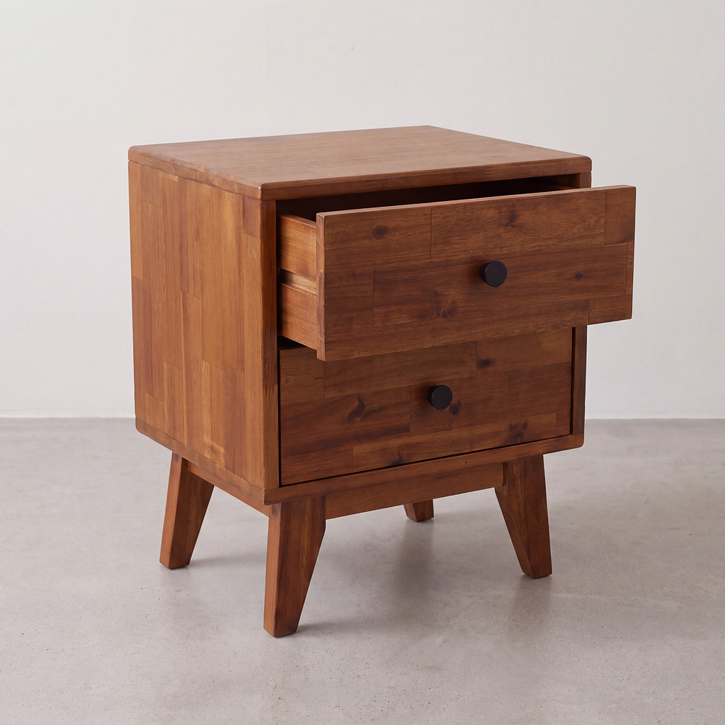 Silvia solid wood nightstand with pull-out top drawer, two knobs, tapered legs