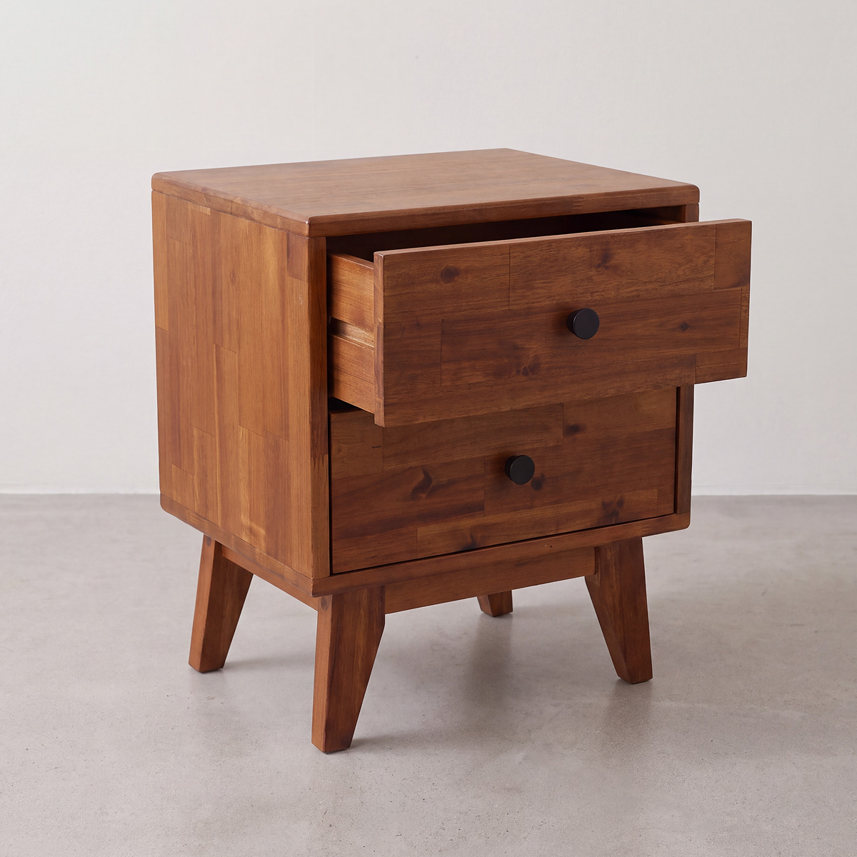 Silvia solid wood nightstand with pull-out top drawer, two knobs, tapered legs