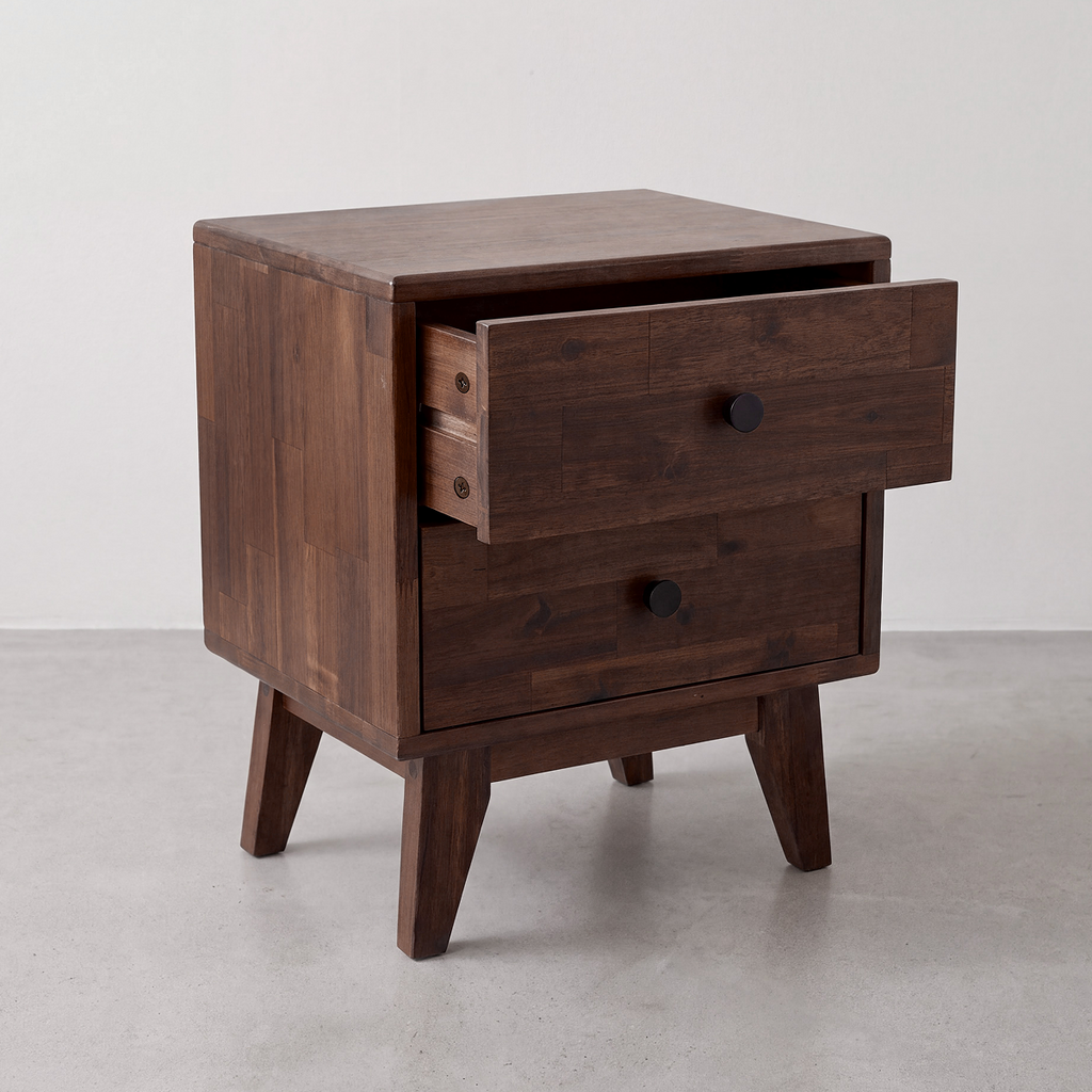 Wood nightstand with two drawers and round knobs, side and front corner view