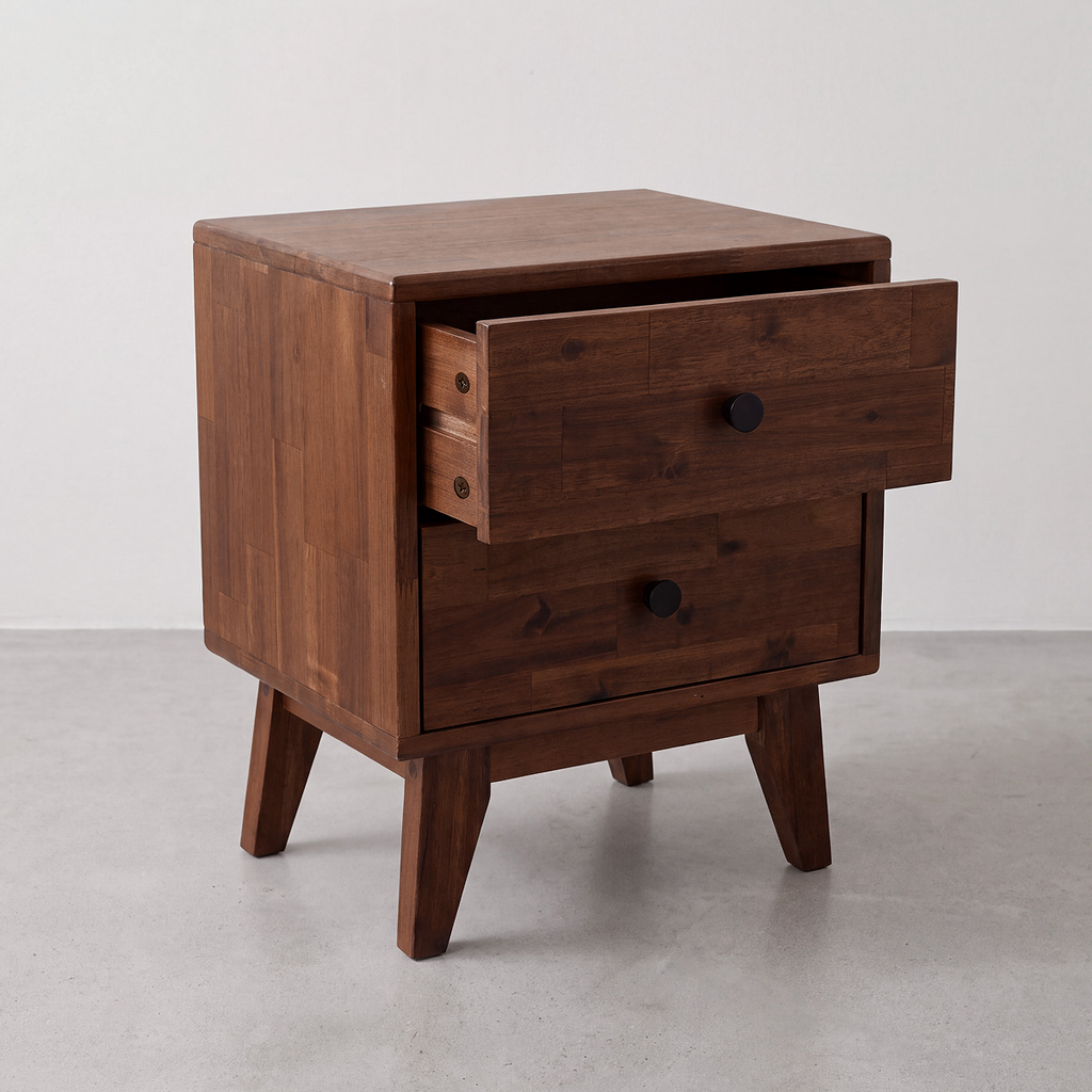Solid wood nightstand three-quarter view with two drawers and round knobs, tapered legs.